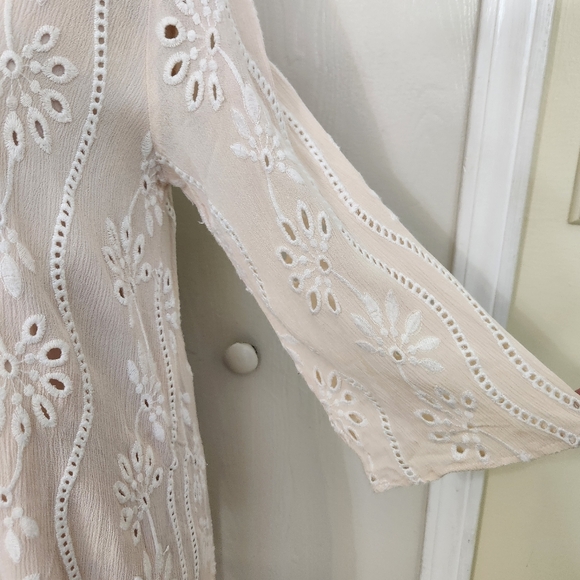 lulus eyelet lace wms lined mini dress 3/4 slv sz L ivory white aline boho hippy - Picture 7 of 11